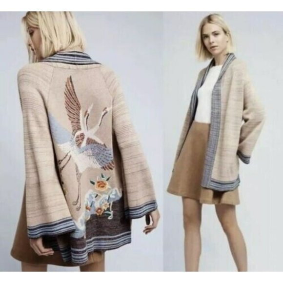 Anthropologie Sweaters - Anthropologie HWR Embroidered Crane Cardigan Sweater Kimono Oversize Size Small